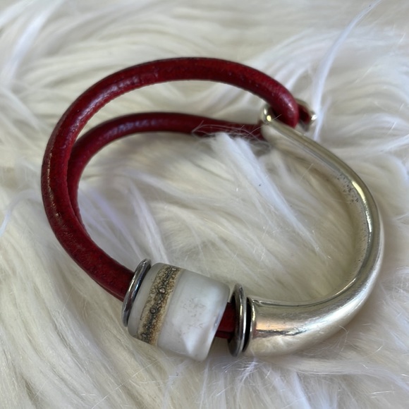 Colorful Genuine Leather bands joined with sterling silver and glass bead . - Picture 2 of 5